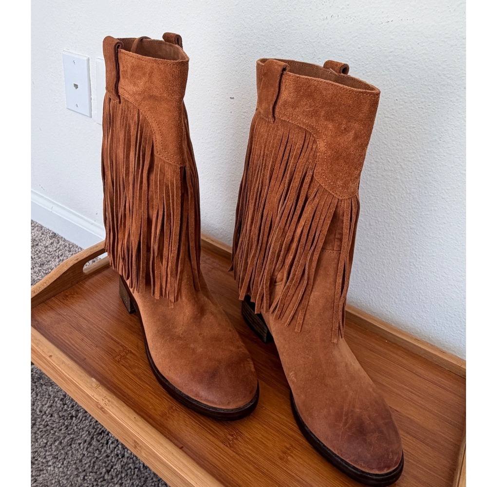 Lucky Brand Brown Suede Fringe Western Boots Womens 8M Cognac Boho Pull On - Picture 12 of 16
